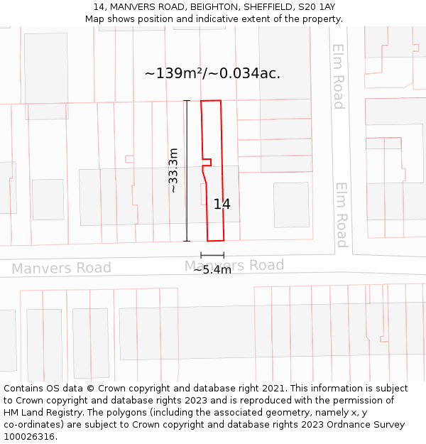 14, MANVERS ROAD, BEIGHTON, SHEFFIELD, S20 1AY: Plot and title map