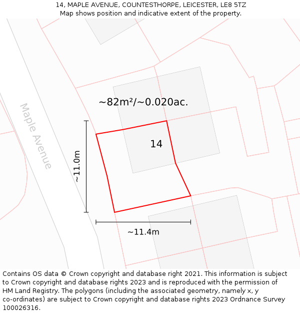 14, MAPLE AVENUE, COUNTESTHORPE, LEICESTER, LE8 5TZ: Plot and title map