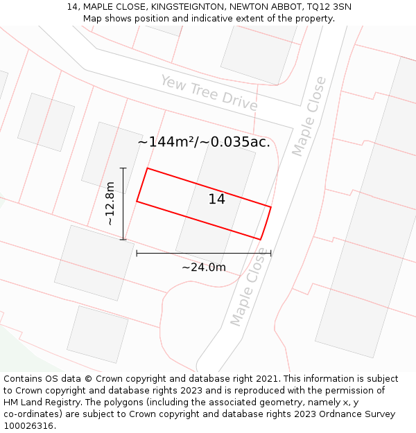 14, MAPLE CLOSE, KINGSTEIGNTON, NEWTON ABBOT, TQ12 3SN: Plot and title map