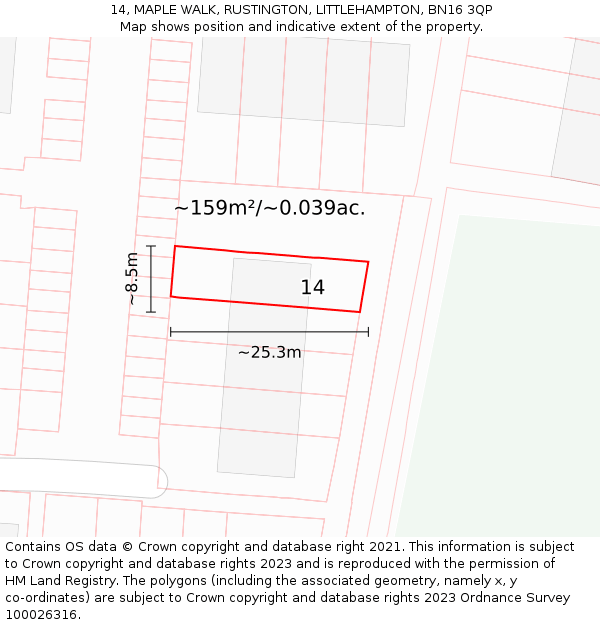 14, MAPLE WALK, RUSTINGTON, LITTLEHAMPTON, BN16 3QP: Plot and title map