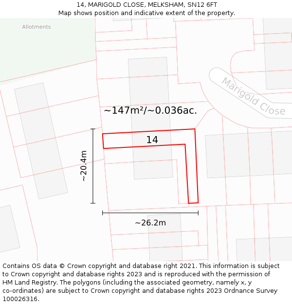 14, MARIGOLD CLOSE, MELKSHAM, SN12 6FT: Plot and title map