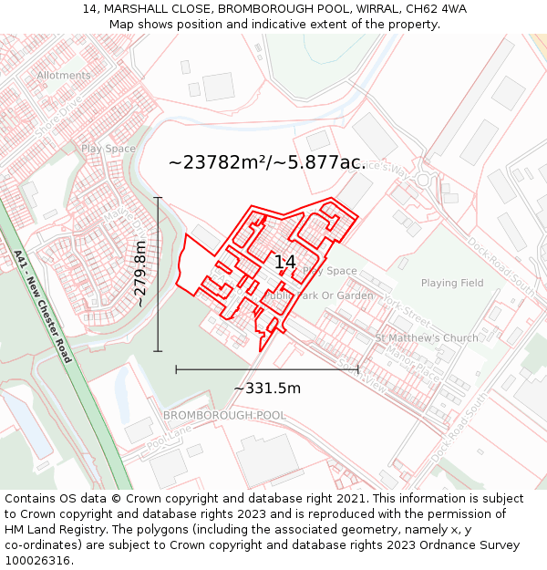 14, MARSHALL CLOSE, BROMBOROUGH POOL, WIRRAL, CH62 4WA: Plot and title map