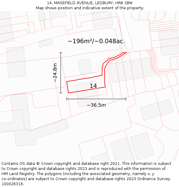 14, MASEFIELD AVENUE, LEDBURY, HR8 1BW: Plot and title map