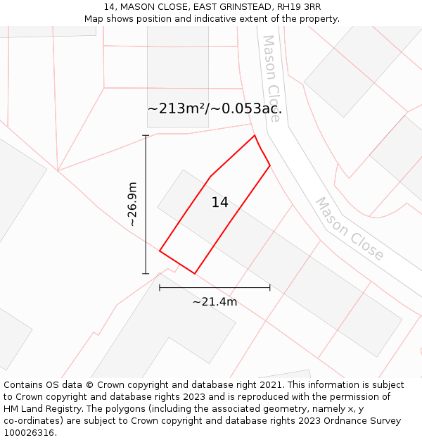 14, MASON CLOSE, EAST GRINSTEAD, RH19 3RR: Plot and title map