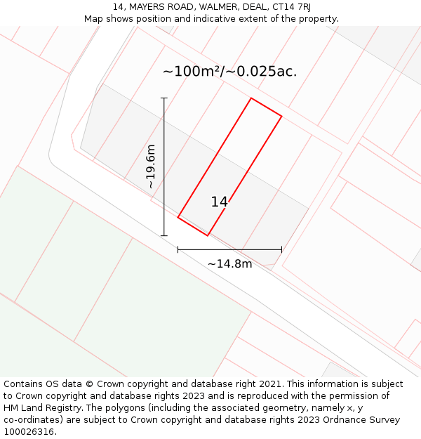14, MAYERS ROAD, WALMER, DEAL, CT14 7RJ: Plot and title map