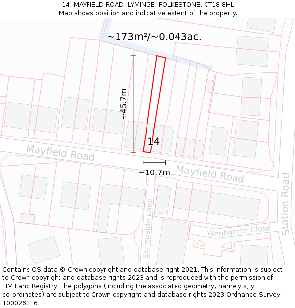 14, MAYFIELD ROAD, LYMINGE, FOLKESTONE, CT18 8HL: Plot and title map