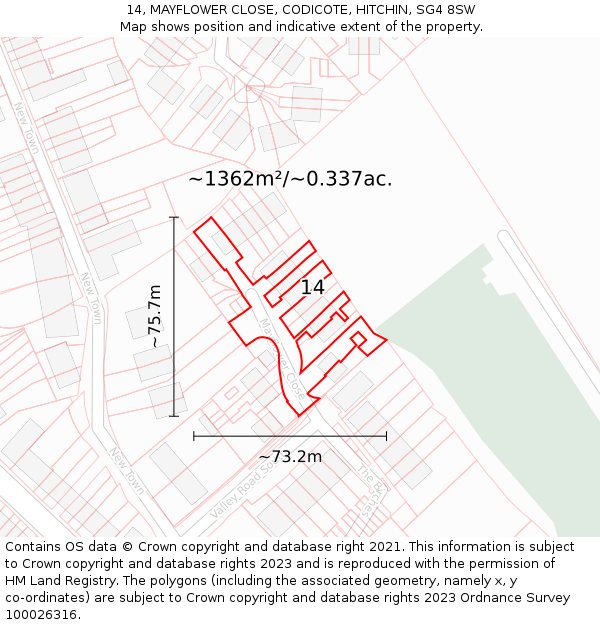 14, MAYFLOWER CLOSE, CODICOTE, HITCHIN, SG4 8SW: Plot and title map