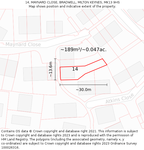14, MAYNARD CLOSE, BRADWELL, MILTON KEYNES, MK13 9HS: Plot and title map
