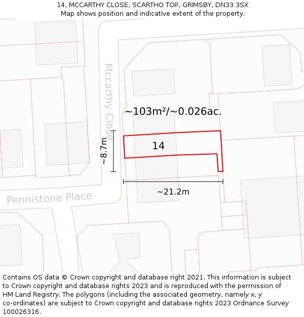 14, MCCARTHY CLOSE, SCARTHO TOP, GRIMSBY, DN33 3SX: Plot and title map