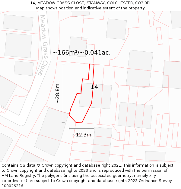 14, MEADOW GRASS CLOSE, STANWAY, COLCHESTER, CO3 0PL: Plot and title map