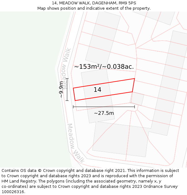14, MEADOW WALK, DAGENHAM, RM9 5PS: Plot and title map
