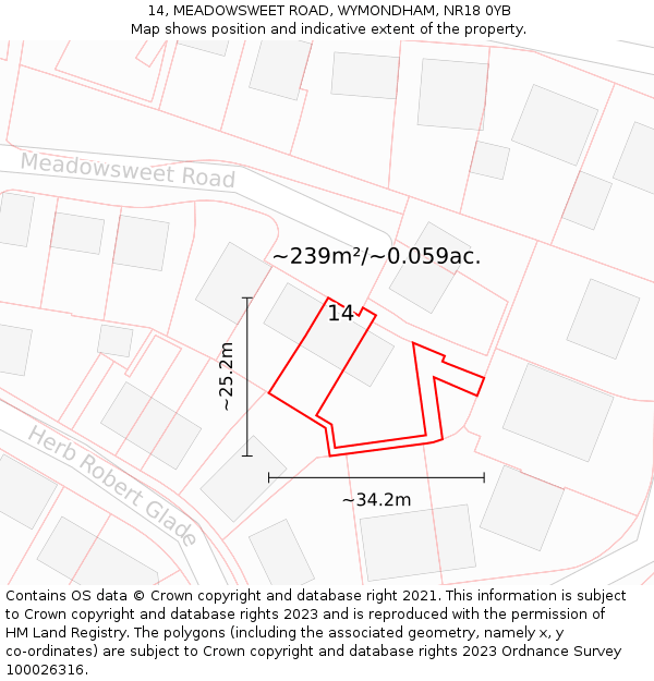 14, MEADOWSWEET ROAD, WYMONDHAM, NR18 0YB: Plot and title map