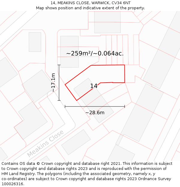 14, MEAKINS CLOSE, WARWICK, CV34 6NT: Plot and title map