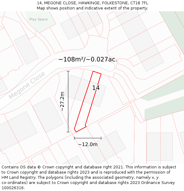 14, MEGONE CLOSE, HAWKINGE, FOLKESTONE, CT18 7FL: Plot and title map