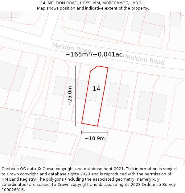 14, MELDON ROAD, HEYSHAM, MORECAMBE, LA3 2HJ: Plot and title map