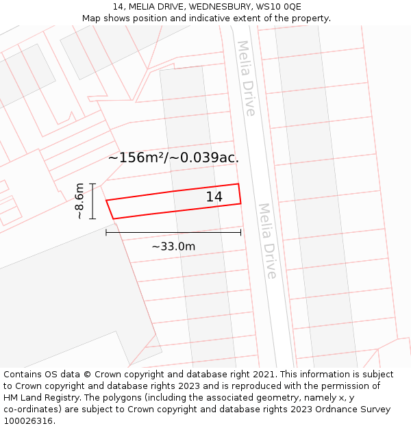 14, MELIA DRIVE, WEDNESBURY, WS10 0QE: Plot and title map
