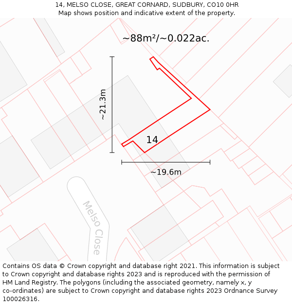 14, MELSO CLOSE, GREAT CORNARD, SUDBURY, CO10 0HR: Plot and title map