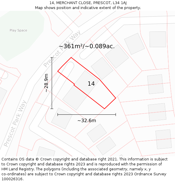 14, MERCHANT CLOSE, PRESCOT, L34 1AJ: Plot and title map