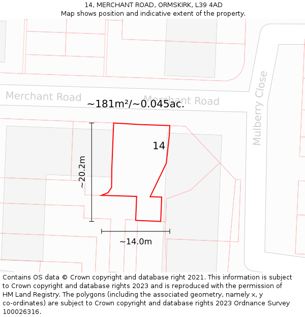 14, MERCHANT ROAD, ORMSKIRK, L39 4AD: Plot and title map