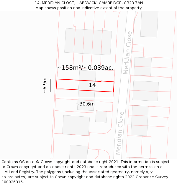 14, MERIDIAN CLOSE, HARDWICK, CAMBRIDGE, CB23 7AN: Plot and title map