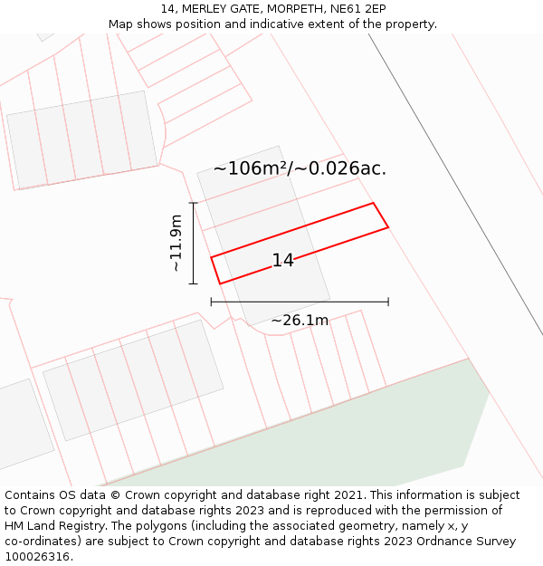 14, MERLEY GATE, MORPETH, NE61 2EP: Plot and title map
