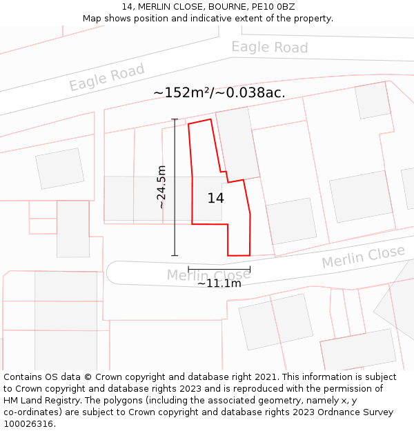14, MERLIN CLOSE, BOURNE, PE10 0BZ: Plot and title map