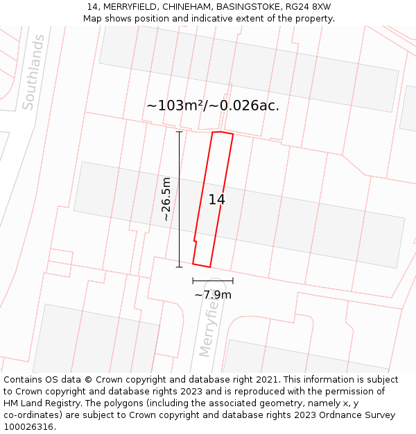 14, MERRYFIELD, CHINEHAM, BASINGSTOKE, RG24 8XW: Plot and title map