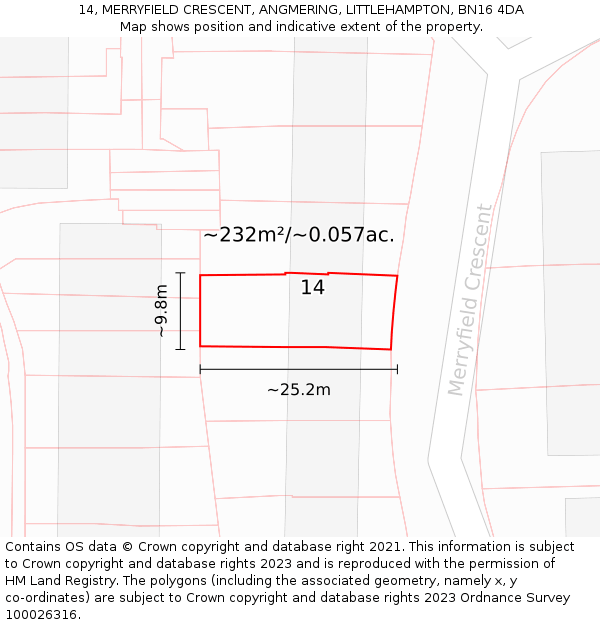 14, MERRYFIELD CRESCENT, ANGMERING, LITTLEHAMPTON, BN16 4DA: Plot and title map