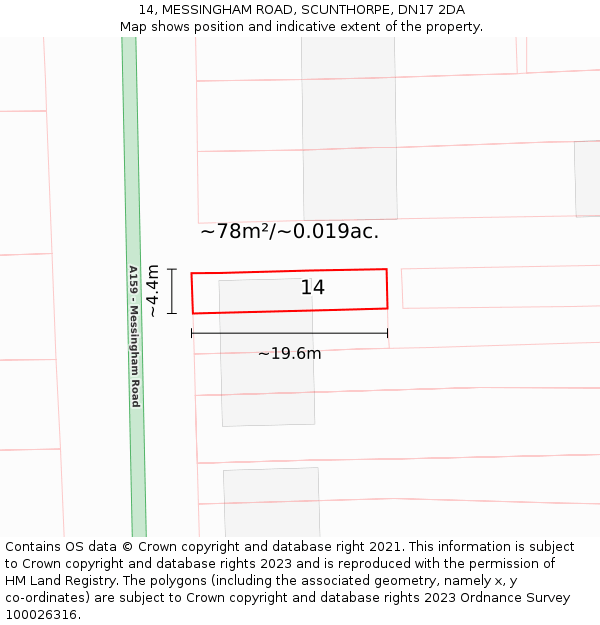14, MESSINGHAM ROAD, SCUNTHORPE, DN17 2DA: Plot and title map