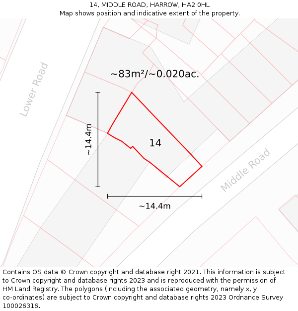 14, MIDDLE ROAD, HARROW, HA2 0HL: Plot and title map