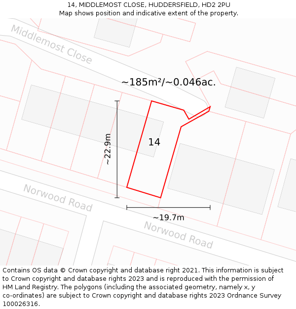 14, MIDDLEMOST CLOSE, HUDDERSFIELD, HD2 2PU: Plot and title map