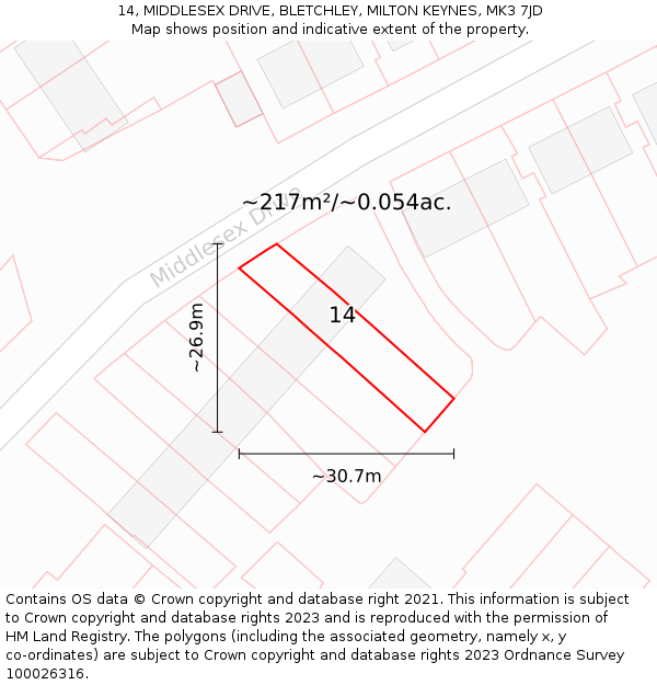 14, MIDDLESEX DRIVE, BLETCHLEY, MILTON KEYNES, MK3 7JD: Plot and title map