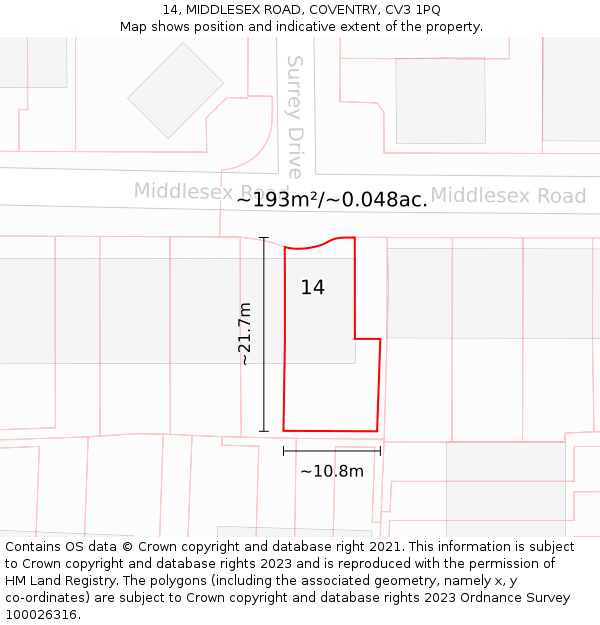 14, MIDDLESEX ROAD, COVENTRY, CV3 1PQ: Plot and title map
