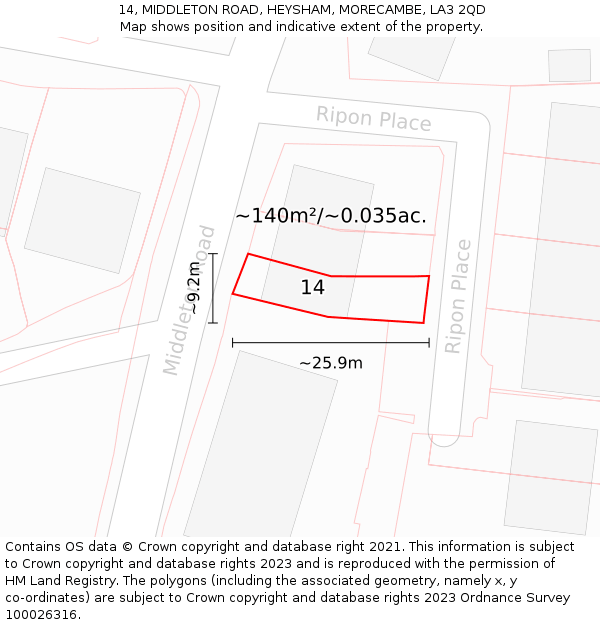 14, MIDDLETON ROAD, HEYSHAM, MORECAMBE, LA3 2QD: Plot and title map