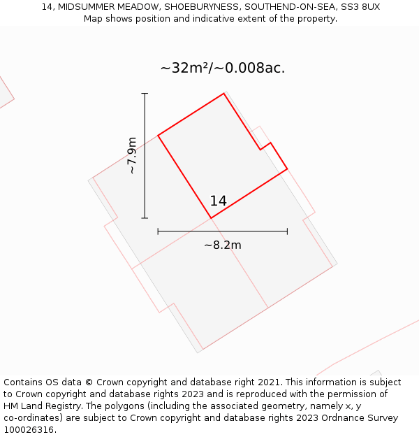 14, MIDSUMMER MEADOW, SHOEBURYNESS, SOUTHEND-ON-SEA, SS3 8UX: Plot and title map