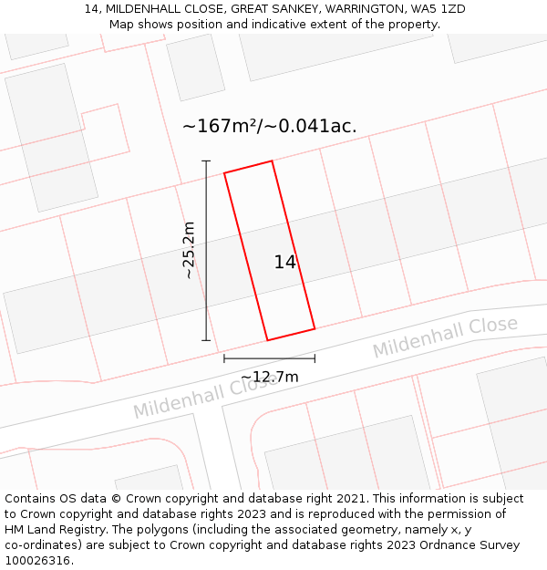 14, MILDENHALL CLOSE, GREAT SANKEY, WARRINGTON, WA5 1ZD: Plot and title map