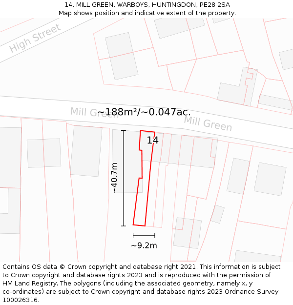 14, MILL GREEN, WARBOYS, HUNTINGDON, PE28 2SA: Plot and title map