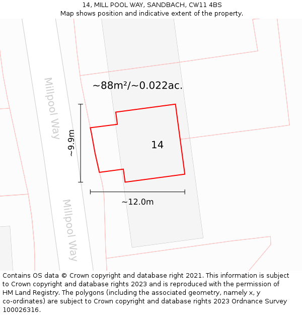 14, MILL POOL WAY, SANDBACH, CW11 4BS: Plot and title map