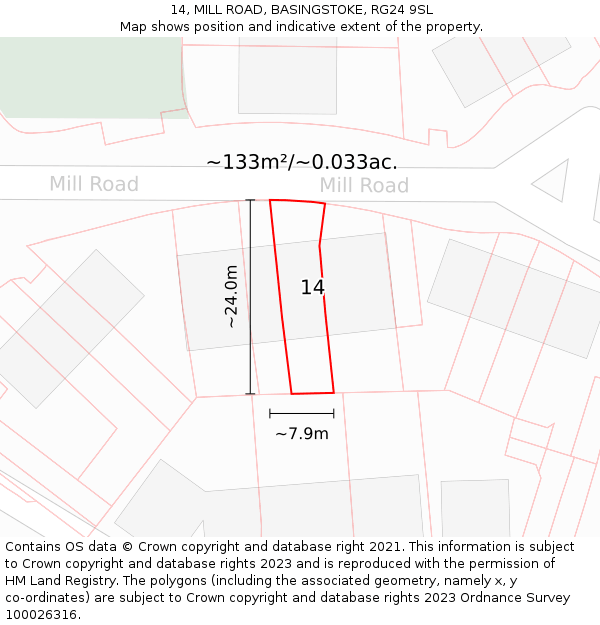 14, MILL ROAD, BASINGSTOKE, RG24 9SL: Plot and title map