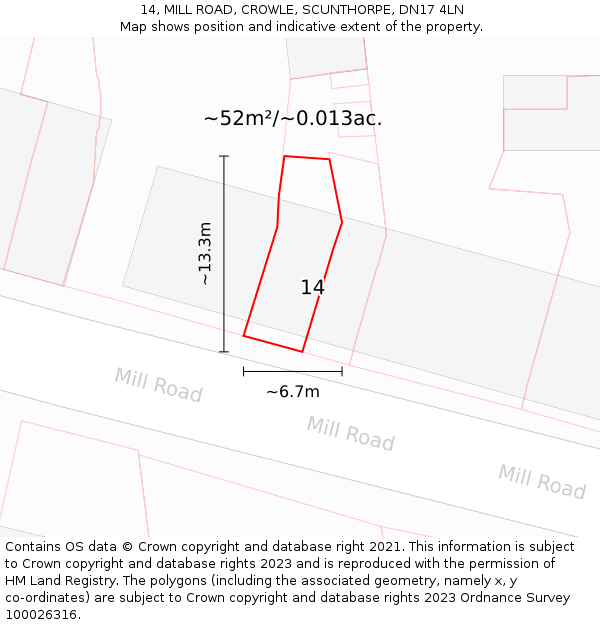 14, MILL ROAD, CROWLE, SCUNTHORPE, DN17 4LN: Plot and title map