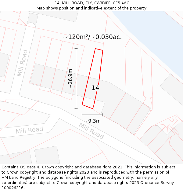 14, MILL ROAD, ELY, CARDIFF, CF5 4AG: Plot and title map