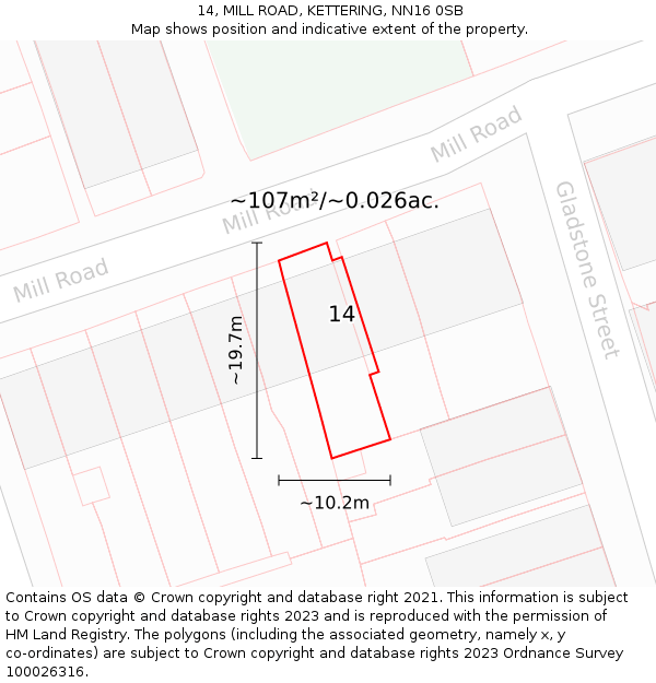 14, MILL ROAD, KETTERING, NN16 0SB: Plot and title map