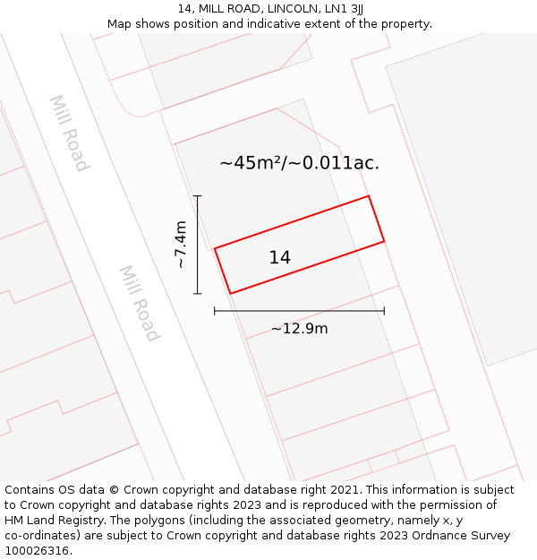 14, MILL ROAD, LINCOLN, LN1 3JJ: Plot and title map