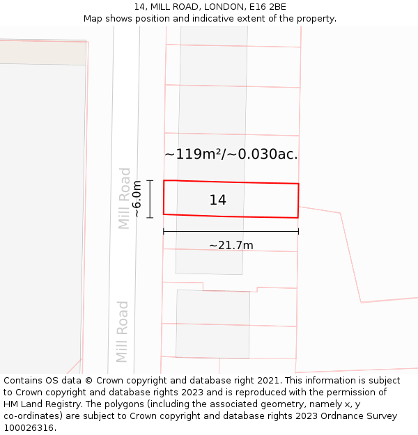 14, MILL ROAD, LONDON, E16 2BE: Plot and title map