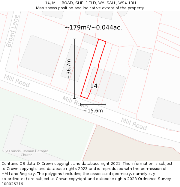14, MILL ROAD, SHELFIELD, WALSALL, WS4 1RH: Plot and title map