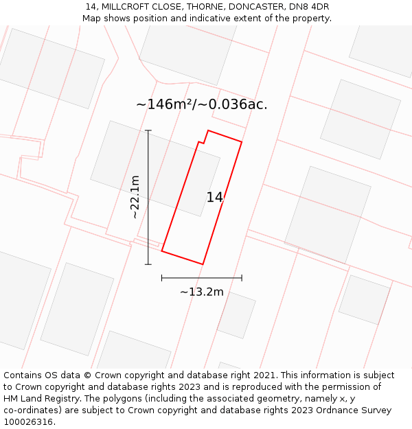 14, MILLCROFT CLOSE, THORNE, DONCASTER, DN8 4DR: Plot and title map