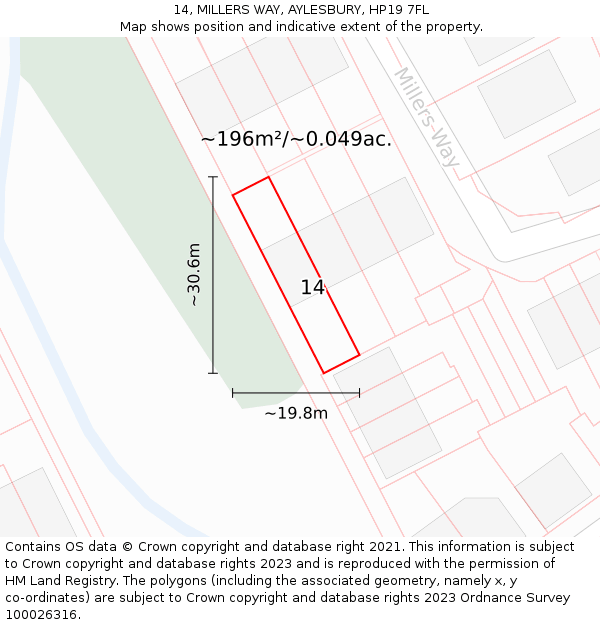 14, MILLERS WAY, AYLESBURY, HP19 7FL: Plot and title map