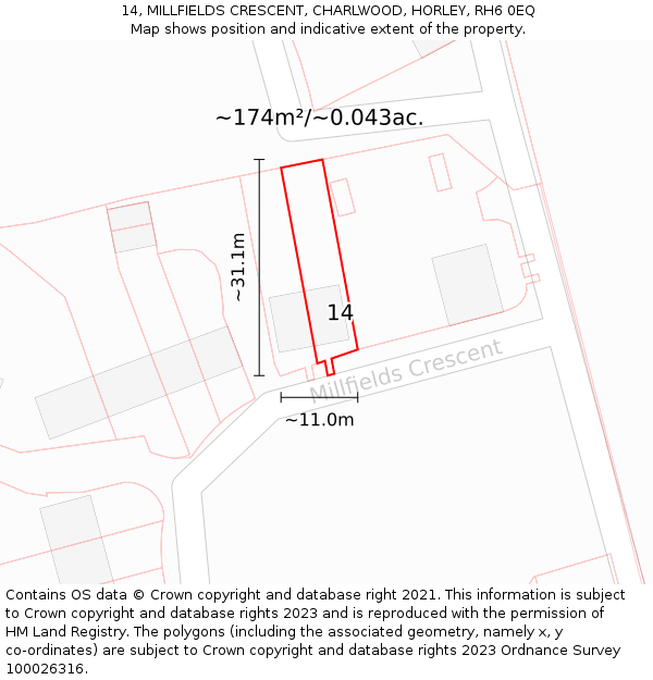 14, MILLFIELDS CRESCENT, CHARLWOOD, HORLEY, RH6 0EQ: Plot and title map