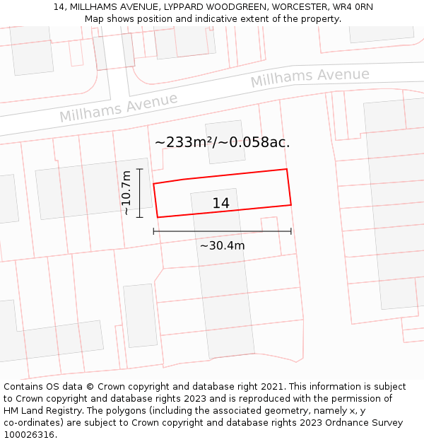 14, MILLHAMS AVENUE, LYPPARD WOODGREEN, WORCESTER, WR4 0RN: Plot and title map