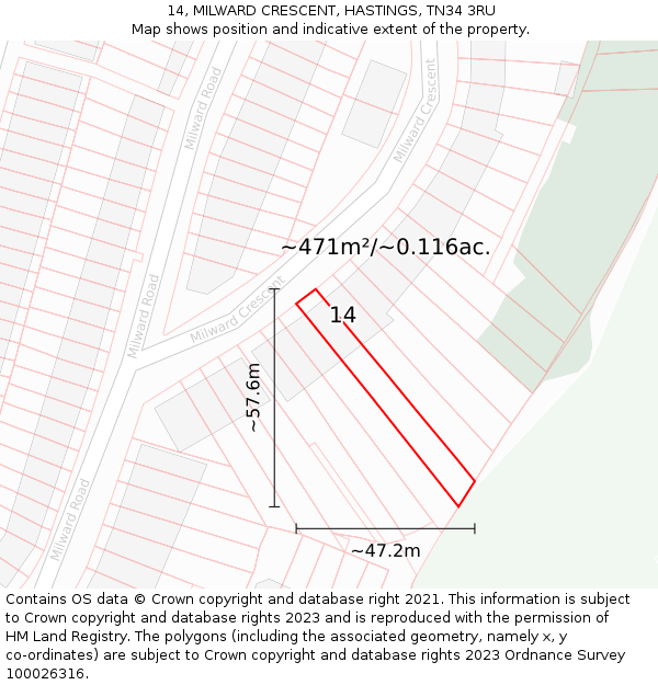 14, MILWARD CRESCENT, HASTINGS, TN34 3RU: Plot and title map